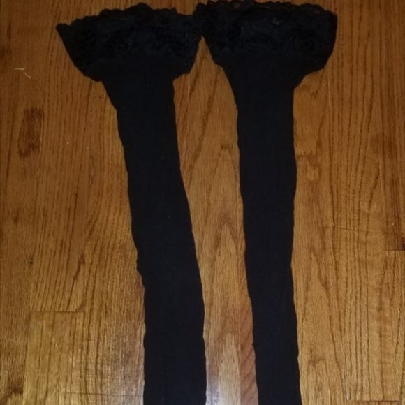 Lace Trim Solid Black Thigh High PantyhoseTights - Picture 7 of 7